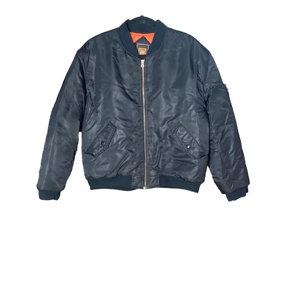 Men CLENCH JEANS Bomber Jacket L Black Orange Nylon Front Zipper  Pocket Ribbed - Picture 2 of 13
